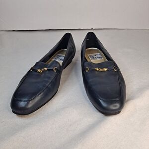 Just Libby Laura Horsebit Loafers Women's Sz 8B Leather Navy Flats Gold Hardware